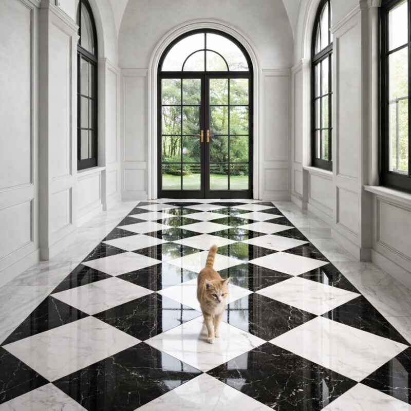 grand corridor with checkerboard marble flooring and arched window architecture by Country Floors
