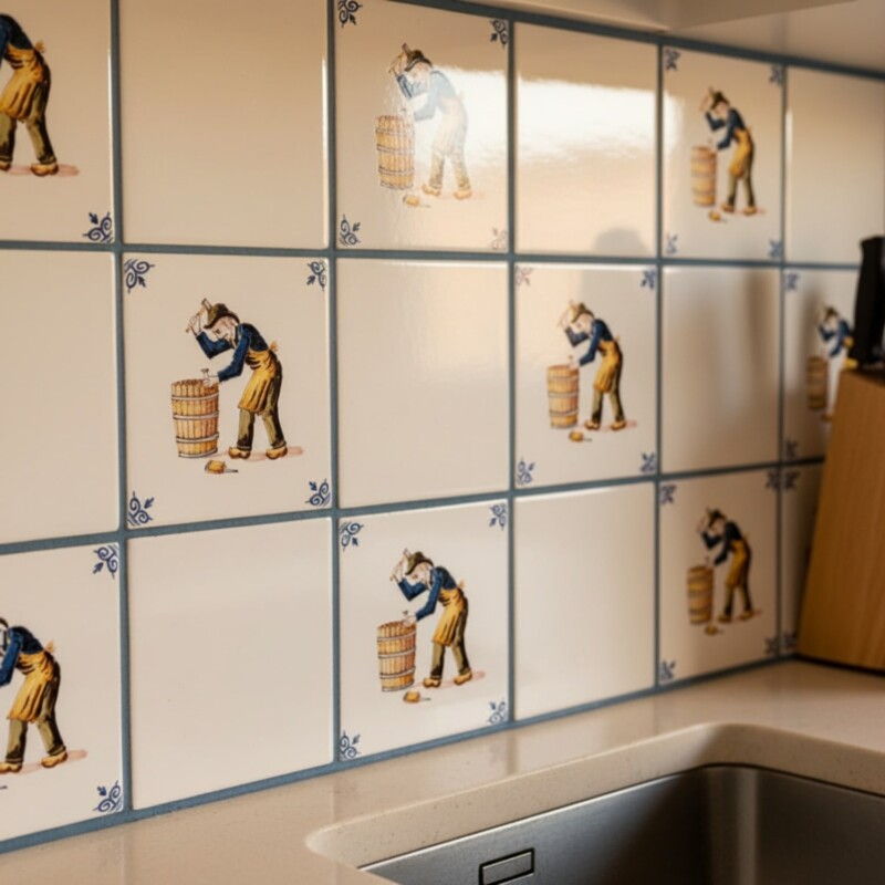 Woodwork 3 glazed Delft ceramic tile backsplash with repeating figurative pattern in a warm kitchen setting by Country Floors