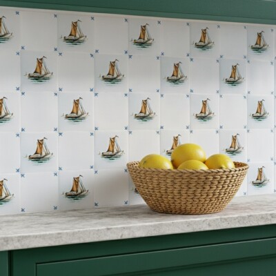Küchenrückwand aus glasierten Delfter Keramikfliesen mit nautischem Muster in Bootsform von Country Floors