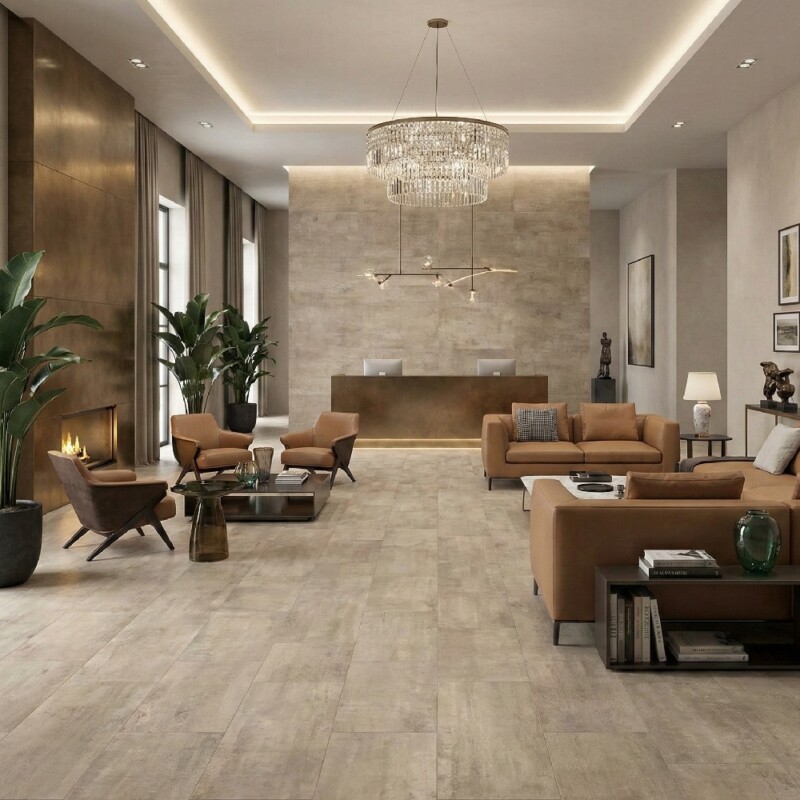 Honed concrete look porcelain tile flooring in an elegant open living space by Country Floors