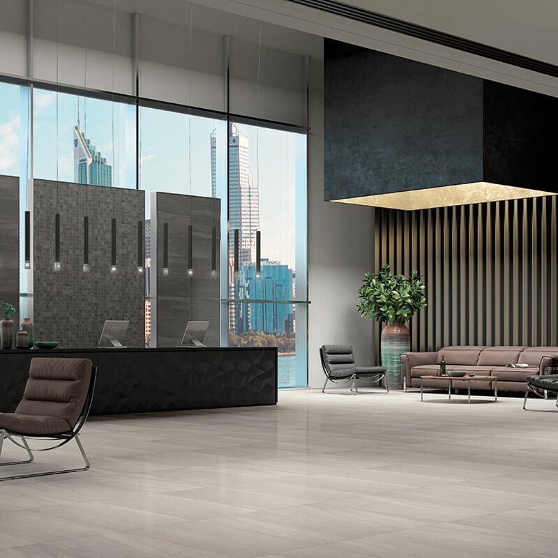 Atelier Olive Grey Lappato Porcelain Tile 18×36 (WIS12102) Atelier Black Lappato Porcelain Tile 12×24 (WIS12112) Atelier Black Honed 2×2 Porcelain Mosaic 12×12 (WIS12166)