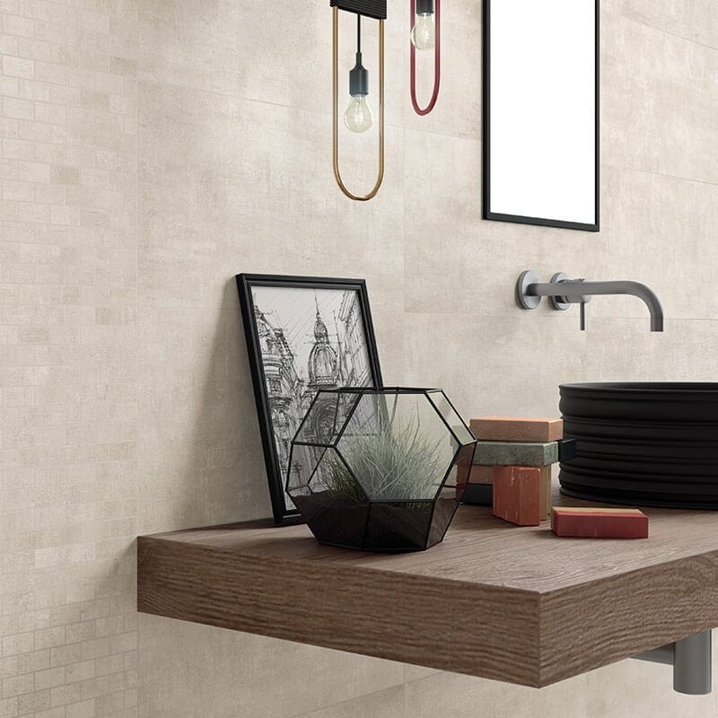 Runway Ash Honed 1×2 Porcelain Mosaic 12×12 (WIS12151) Runway Ash Lappato Porcelain Tile 12×24 (WIS12089)