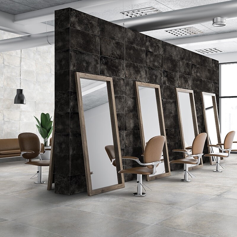 New York Light Gray Honed Porcelain Tile 24×48 (WIS13073) London Black Honed Porcelain Tile 12×24 (WIS13098)