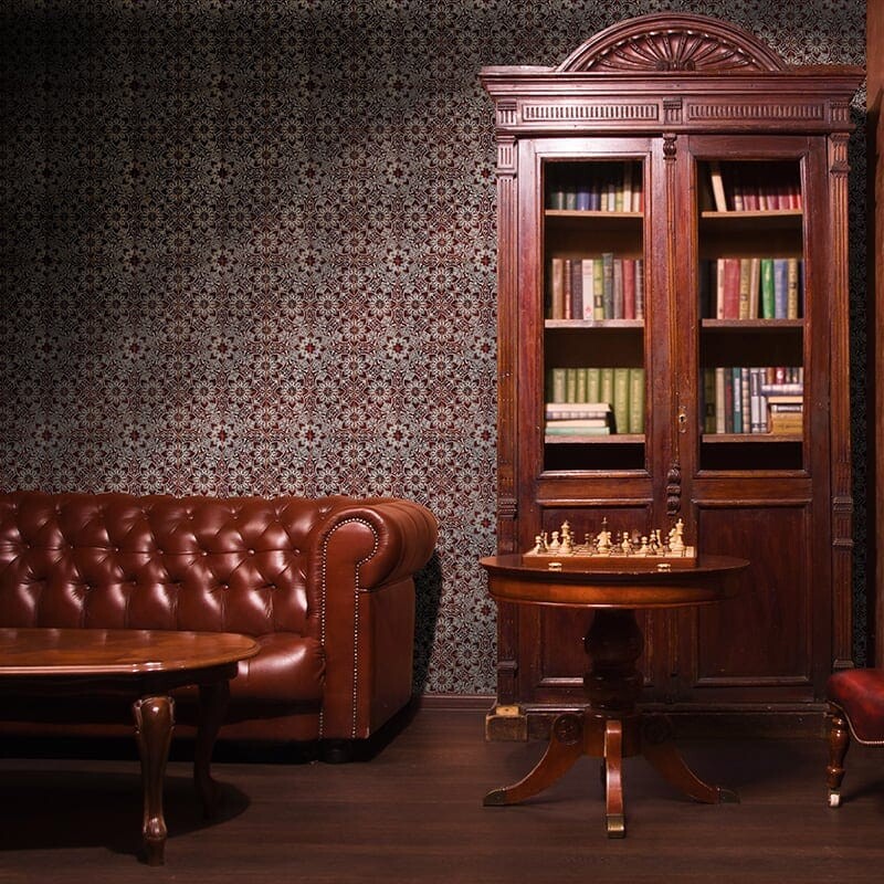 Patterned dark ceramic tile wall in living room