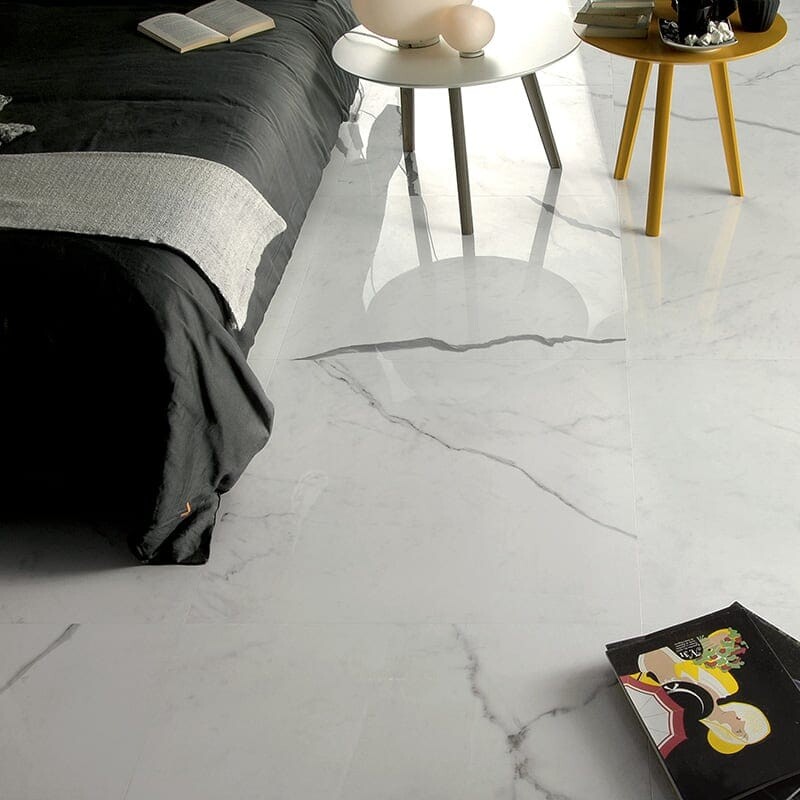 Luxury marble look porcelain floor in modern bedroom interior by Country Floors