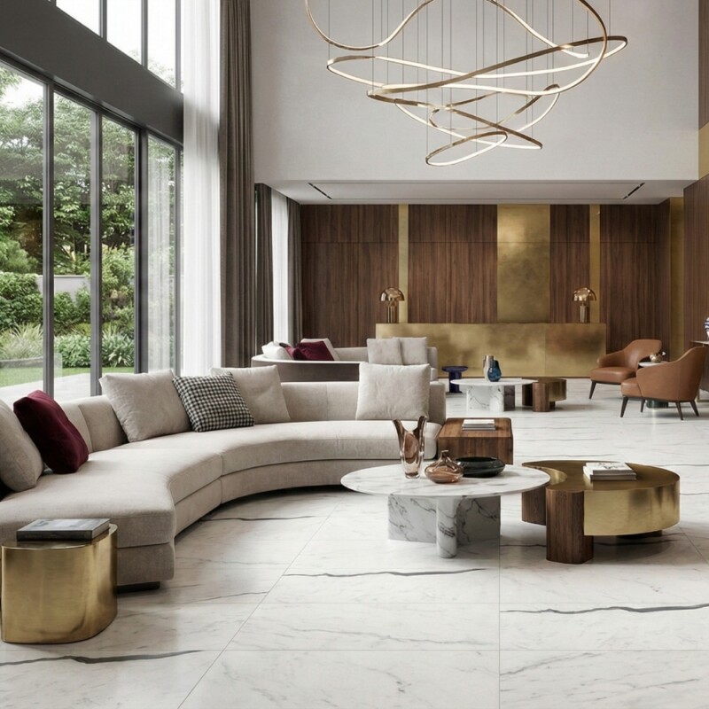 Elegant living space with marble look porcelain flooring and modern furniture styling by Country Floors