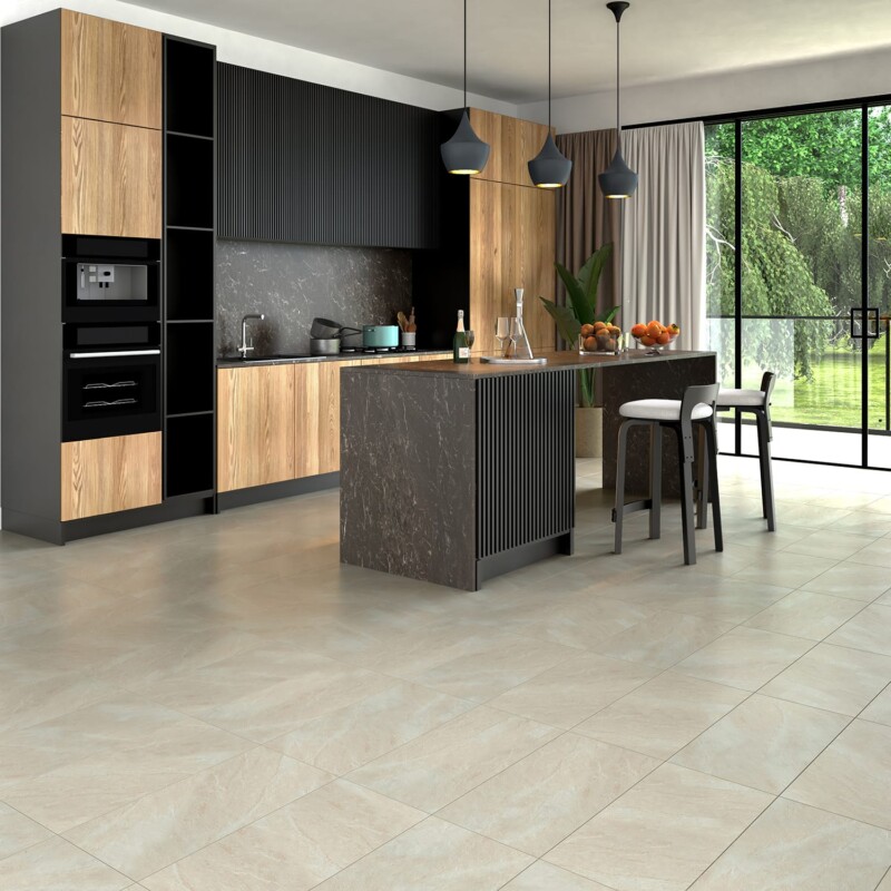 Ivory Flow stone look porcelain tile flooring in a contemporary open kitchen by Country Floors