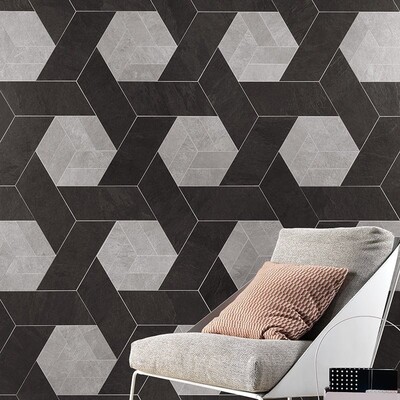 Dark geometric porcelain tile for contemporary living room wall by Country Floors