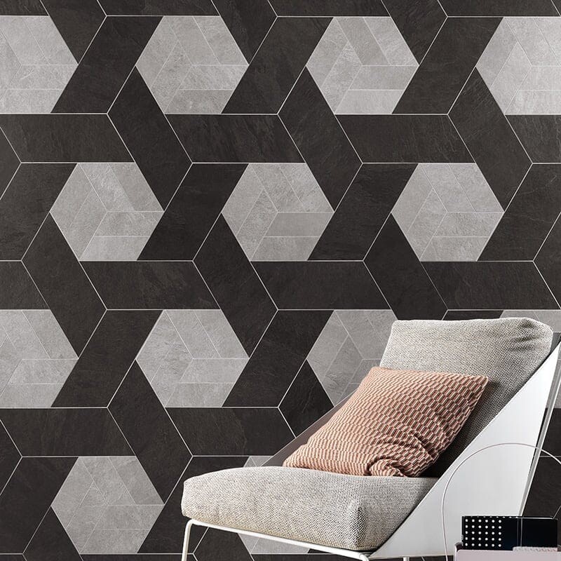Dark geometric porcelain tile for contemporary living room wall by Country Floors