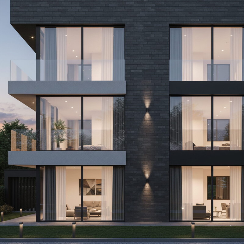 Modern building facade with dark stone look porcelain mosaic cladding and architectural lighting by Country Floors