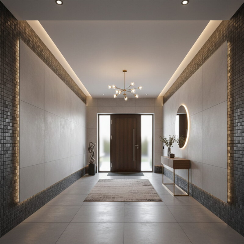 Luxury hallway wall design with porcelain mosaic borders and soft ambient lighting by Country Floors