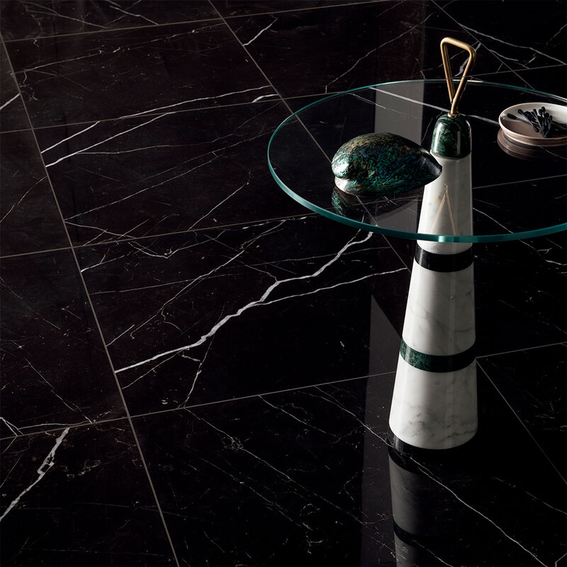 Marquina Nero marble look porcelain flooring in a luxury modern interior by Country Floors