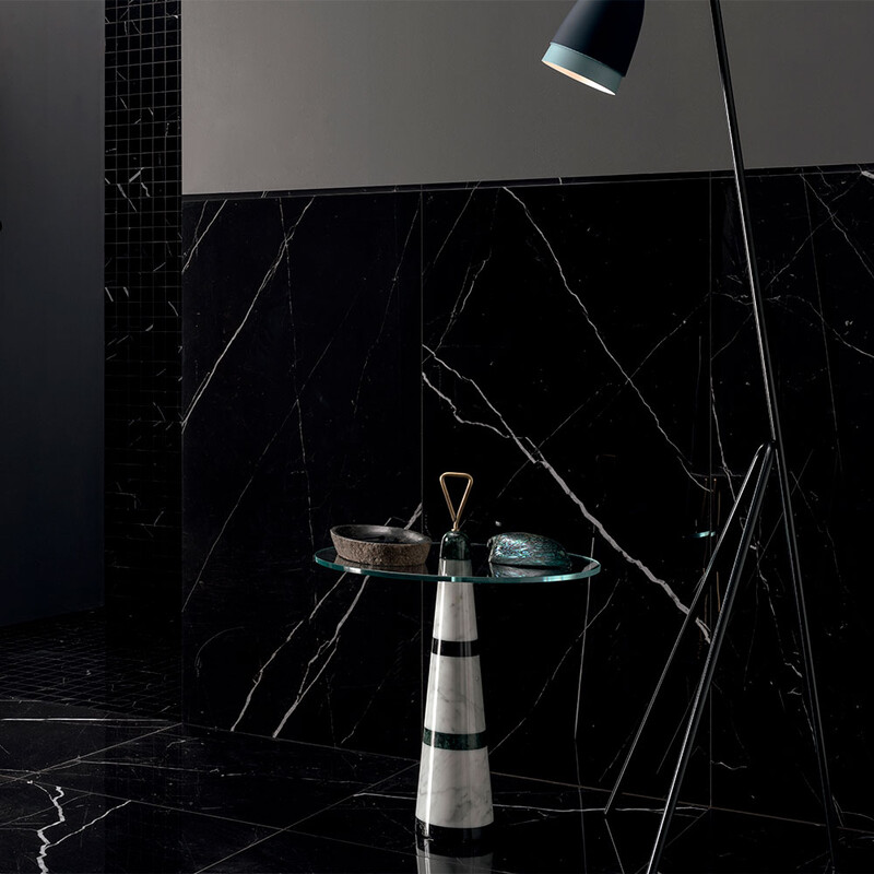 Luxury interior with black marble look porcelain flooring and elegant decorative elements by Country Floors
