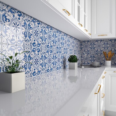 Commercial Grade Wallpaper 27ft x 2ft  Spanish Tile Folk Blue Yellow  Geometric Cobalt White Floral Traditional Tiles Watercolor Kitchen Tie  Traditional Wallpaper by Spoonflower  Walmartcom
