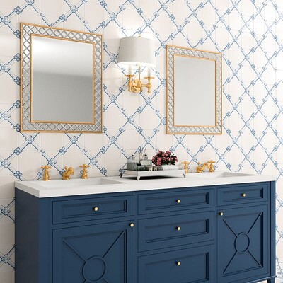 Classic kitchen backsplash with white tiles and blue accents creating timeless design by Country Floors