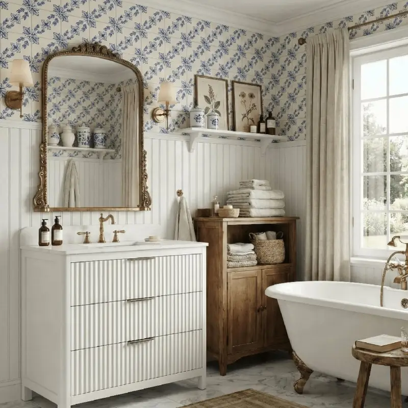 Blue floral ceramic tile adding vintage cottagecore charm to a bright bathroom with a white fluted vanity, brass fixtures, classic beadboard, and botanical décor.