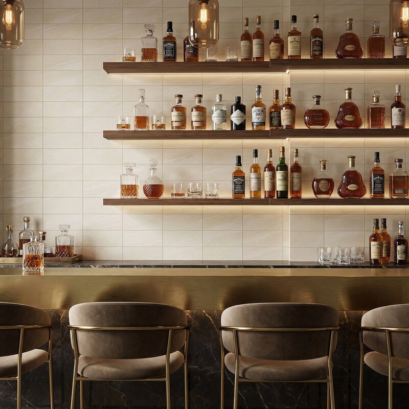 Bar backsplash with glossy subway tiles and warm lighting creating inviting atmosphere by Country Floors