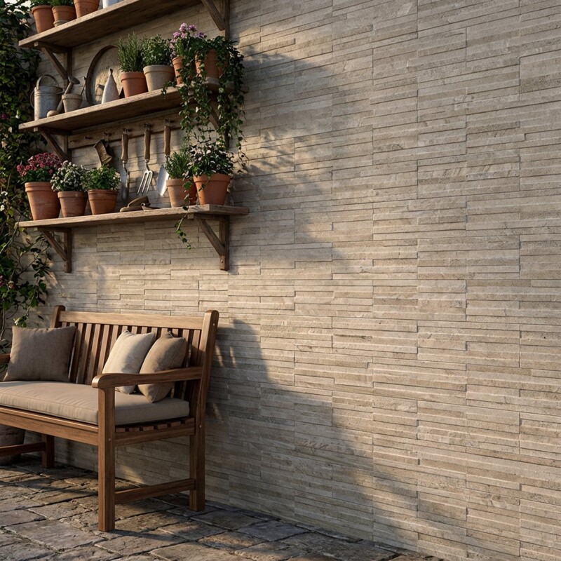 Beige brick porcelain tile for outdoor patio wall design by Country Floors