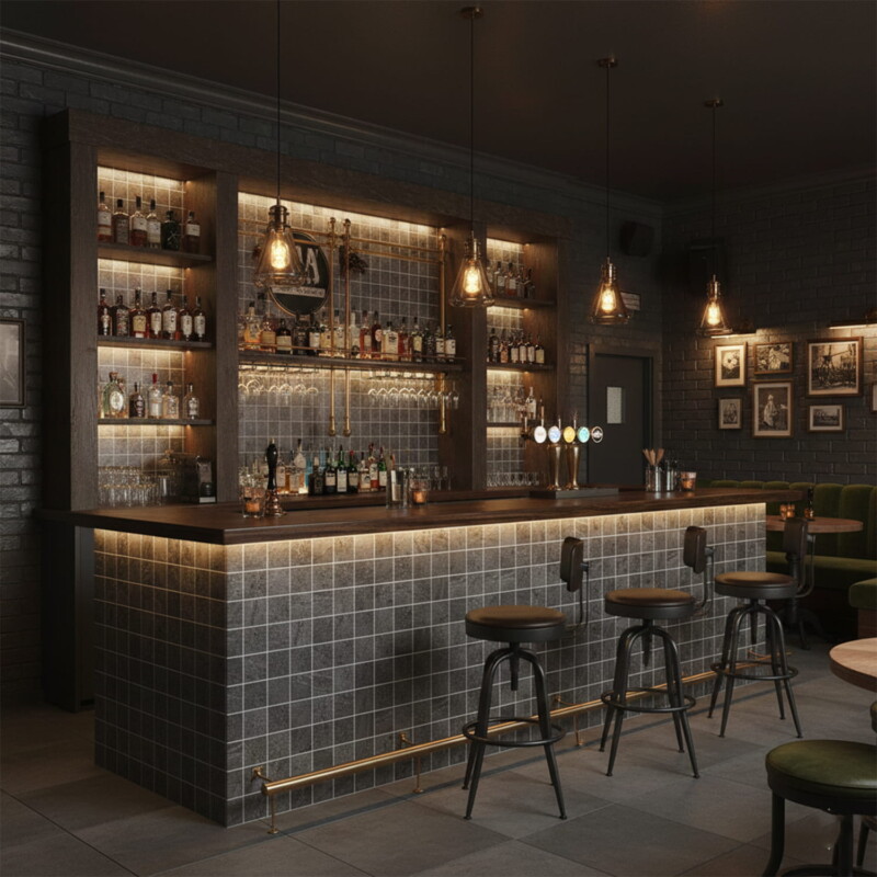 Bar counter front with basalt matte mosaic and warm industrial lighting by Country Floors