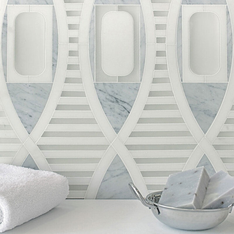Moirae Bianca, Cararra, Thassos, Pura Honed Marble Waterjet Decos 15×13 1/4 (WQC10025)