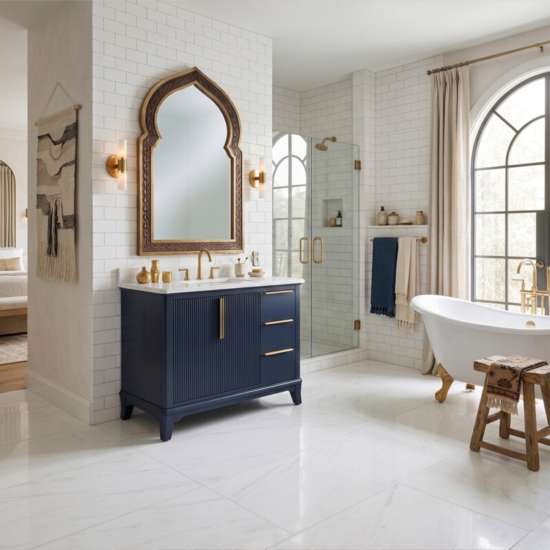 Azulejos cerámicos brillantes Serene 2 1/2×5 (WSA10002) Muebles de baño Carrara Grosvenor Nayv Blue 37×22 (PS73008)