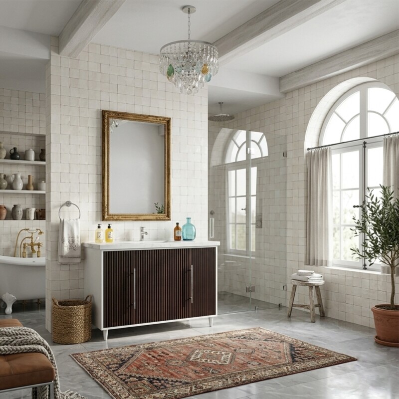 Serene Matte Ceramic Tiles 5×5 (WSA10003) Linen White&light Walnut Mondrian Bathroom Vanities 46 1/2×21 1/8 (PS70035)