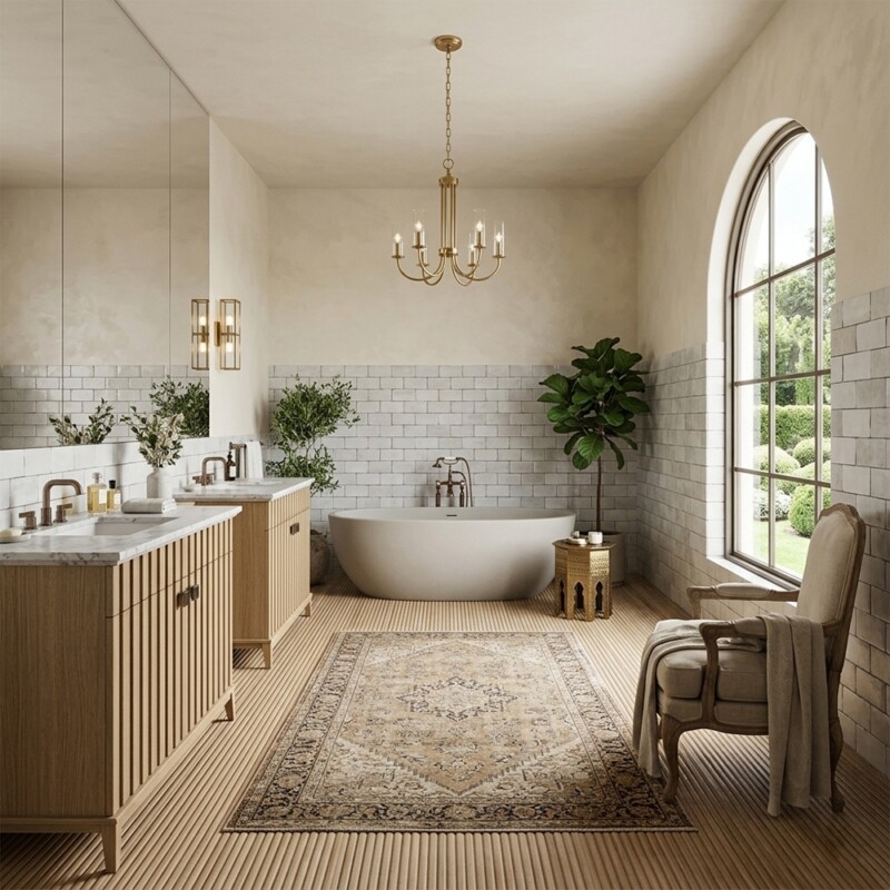 Serene Matte Ceramic Tiles 2 1/2×5 (WSA10004) Onyx Oak Seina Bathroom Vanities 47 1/8×21 3/8 (PS70058)