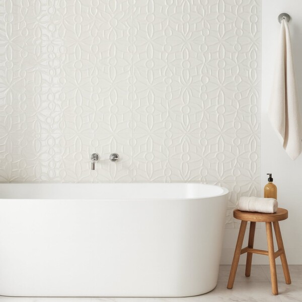 White decorative ceramic tile for modern bathroom feature wall by Country Floors