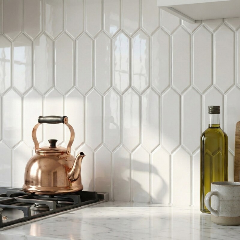 White glossy elongated tile for luxury kitchen backsplash by Country Floors