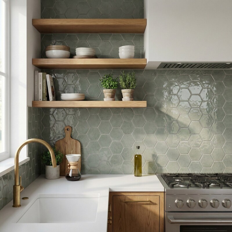 Hyacinth crackled hexagon ceramic tile backsplash in a contemporary kitchen by Country Floors