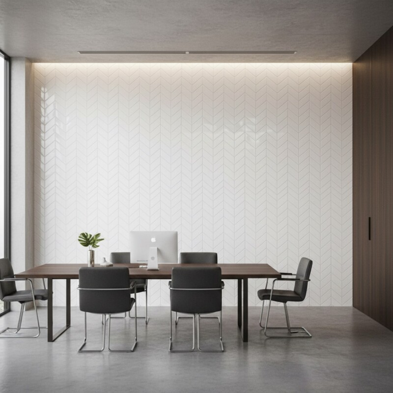 white chevron ceramic wall tile in minimalist office meeting room wall design by Country Floors