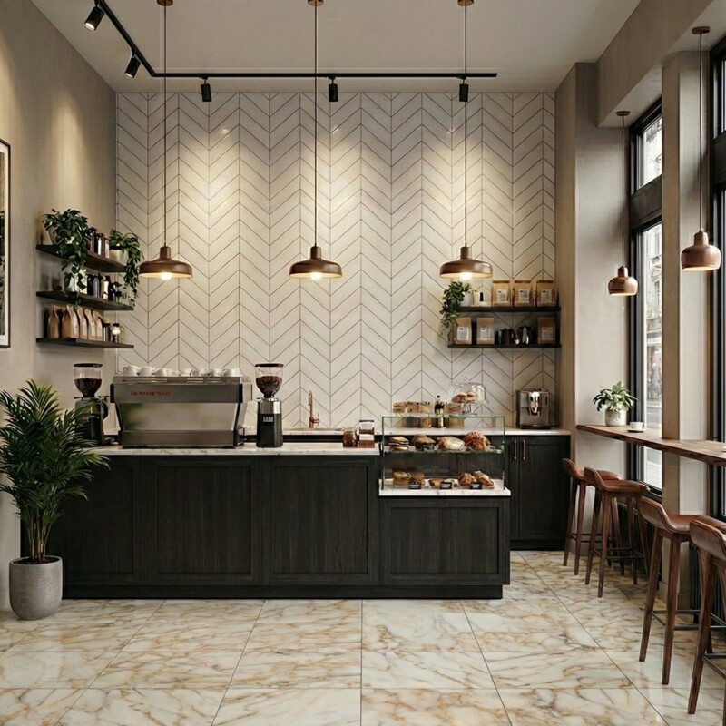 Neutral chevron ceramic wall tile in contemporary restaurant interior wall design by Country Floors