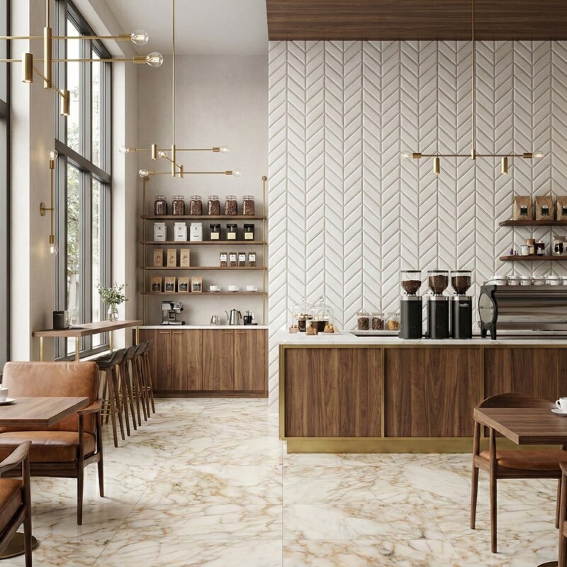 Neutral chevron tile wall tile in modern café interior wall design by Country Floors