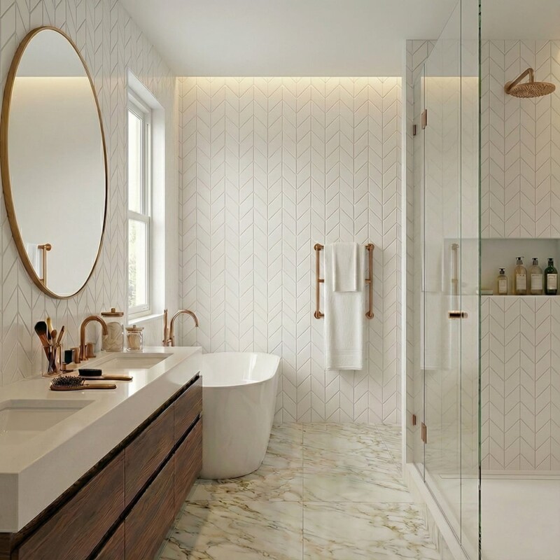 Neutral chevron ceramic wall tile in luxury bathroom interior design by Country Floors
