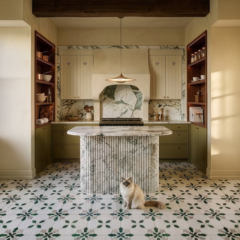 Snow White,Calacatta Green,Gunmetal Polished Esme Waterjet Marble Mosaics 13 3/4×13 3/4 (WUM06004), Calacatta Green Honed Marble Slab Random (SL11581), Calacatta Green Honed Flute Trim Marble Accent Tiles 6×24 (ML00980)