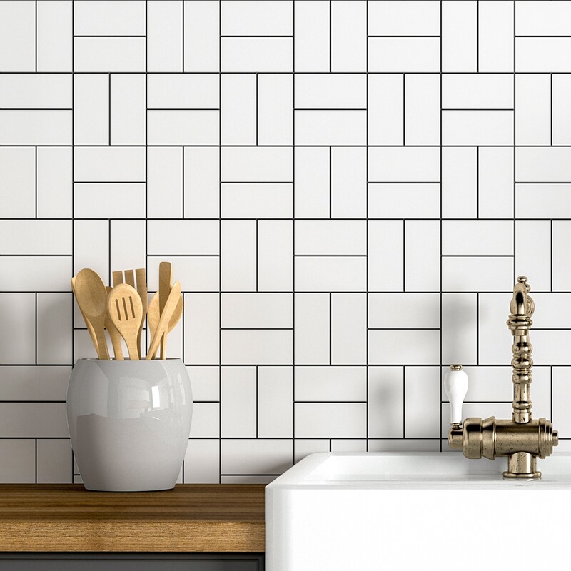 White matte crosshatch ceramic mosaic kitchen backsplash
