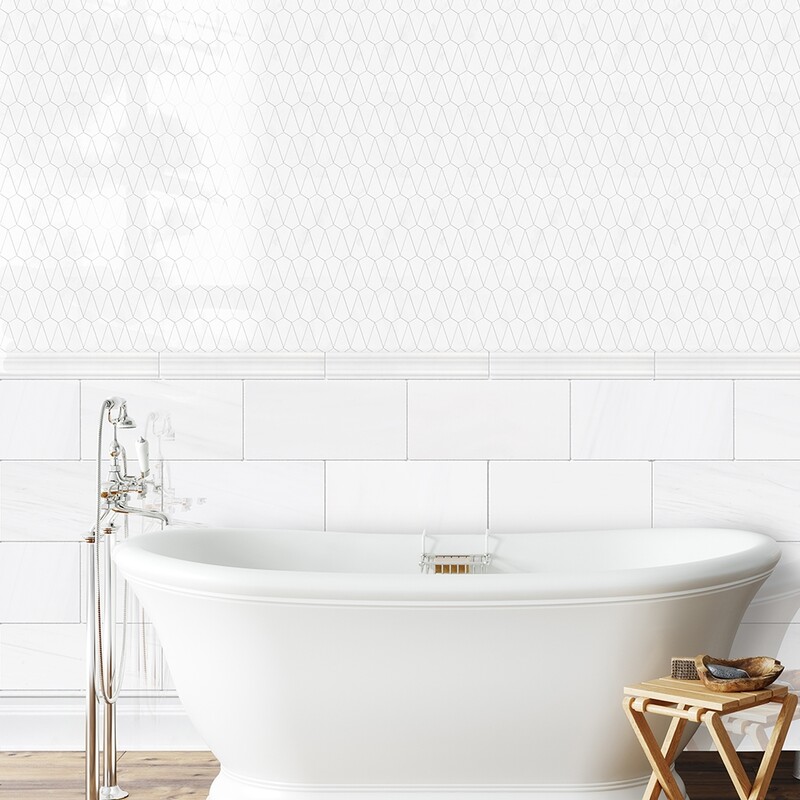 Diamante Snow White Polished Marble Waterjet Decos 4 1/32×7 1/2 (XET13006) Snow White Polished Marble Tile 6×12 (TL17740)