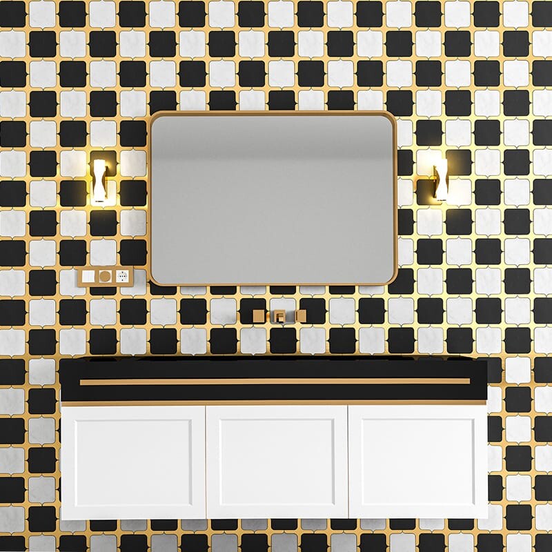 Black and white marble mosaic waterjet with gold brass accents
