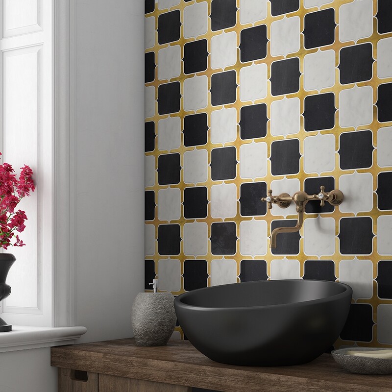 Black and white marble waterjet deco with gold accents