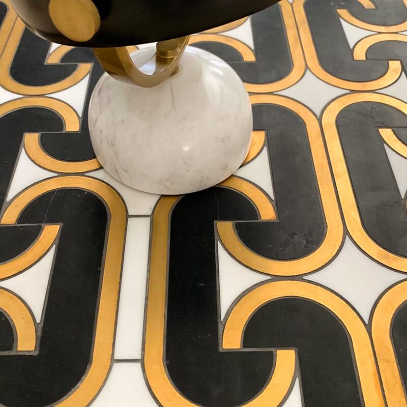 Panton Black, Snow White, Brass Honed Marble Waterjet Decos 11 7/32×14 7/16 (XMG05001)