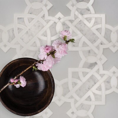 Isabella Thassos White, Pura Glass, White Carrara Multi Finish Marble Waterjet Decos 11 9/32×11 9/32 (XMY02003)