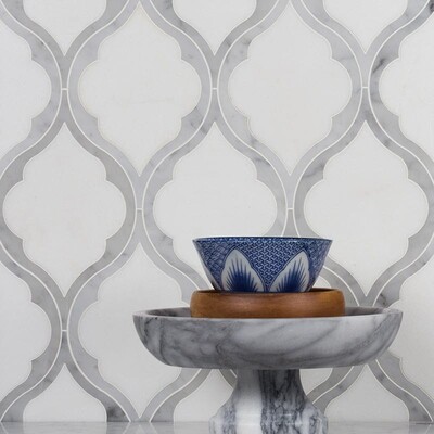 Helena White Carrara, Thassos White Multi Finish Marble Waterjet Decos 11 13/16×19 15/32 (XMY07003)