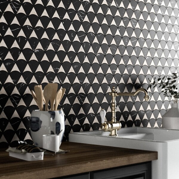 Black and white marble mosaic scale design kitchen backsplash