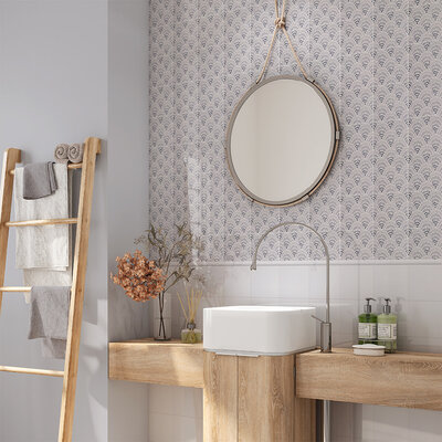 Snow White, Grey Matte Chou Chou Ceramic Tile 6×6 (XSP90008) Royal White Glossy Ogee Trim Ceramic Moldings 2×6 (ML80026)