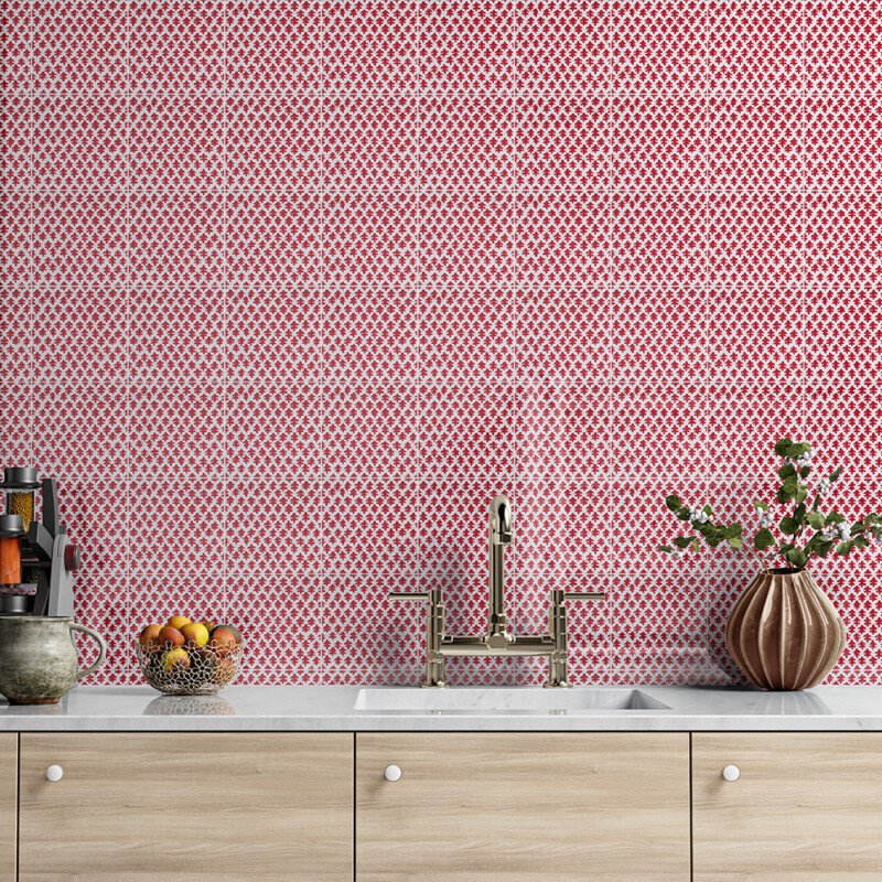 Snow White and Fire Engine glossy Burmese ceramic tile feature wall in a bold red patterned kitchen by Country Floors