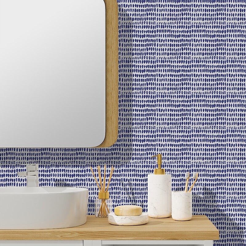 Blue glossy patterned ceramic tile wall in modern bathroom interior by Country Floors