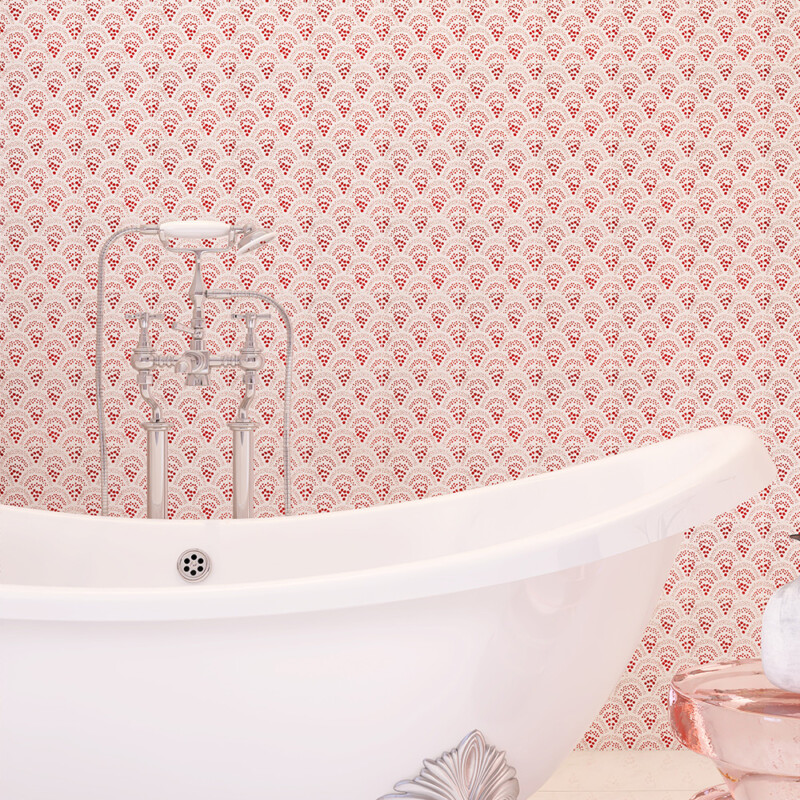 Pure White and Fire Engine matte Chou Chou ceramic tile feature wall in a statement bathroom by Country Floors