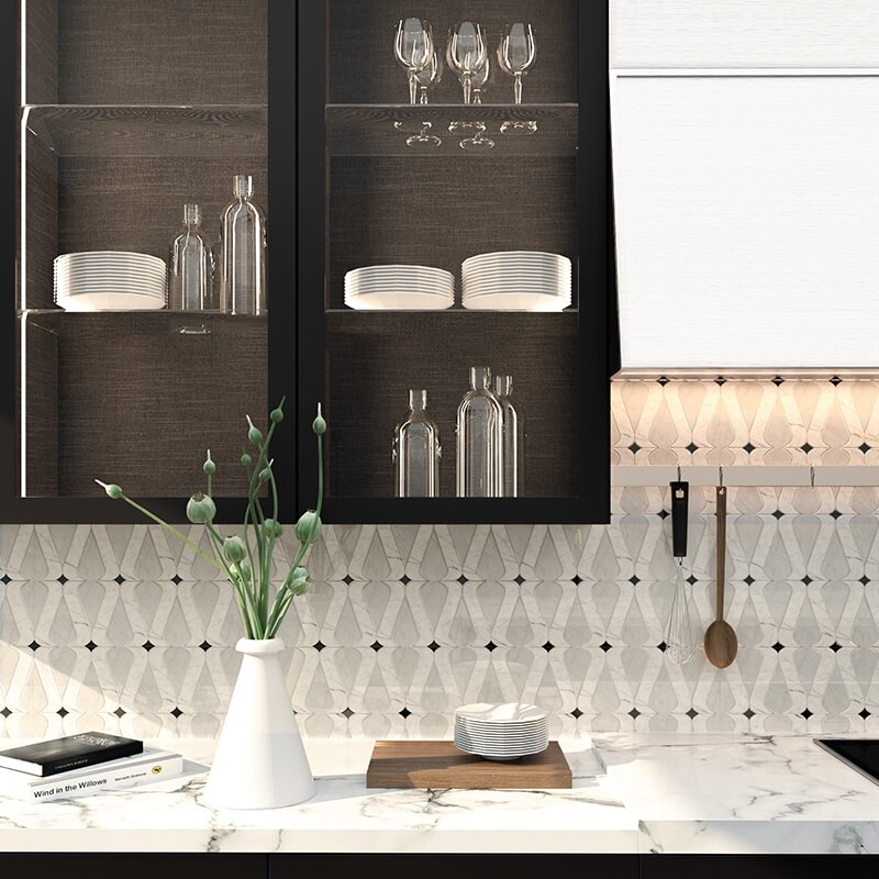 Linon White Carrara, Avenza, Black Multi Finish Marble Waterjet Decos 8 1/4×12 11/32 (XTA02012)
