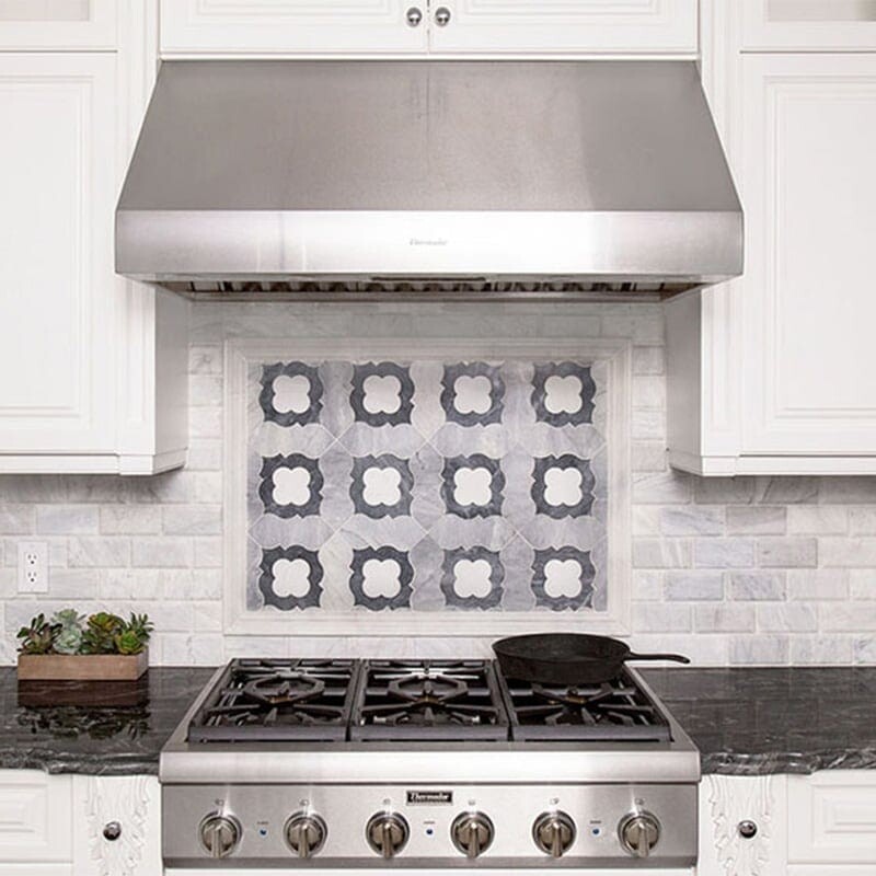 Irene Afyon Grey, Avenza Light, Dolomite Multi Finish Marble Waterjet Decos 11 3/8×11 3/8 (YNR10026) Avenza Honed Marble Tile 2 3/4×5 1/2 (TL12792)