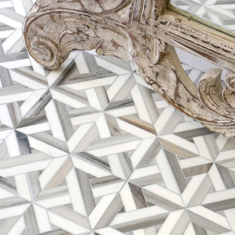Marmara Dolomite, Skyline Vein Cut Multi Finish Marble Waterjet Decos 9 11/16×9 11/16 (YNR10032)